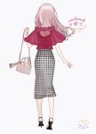  2018 ankle_strap artist_name back_cutout bag bracelet dated from_behind full_body grey_background hand_up high_heels holding holding_bag jewelry july lace long_hair long_skirt original pink_hair plaid plaid_skirt red_ribbon red_shirt ribbon ring shirt shoulder_bag signature simple_background skirt solo walking yua_(tick-tack) 