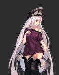  bad_id bad_pixiv_id black_background boots commentary_request girls_frontline highres kar98k_(girls_frontline) long_hair off-shoulder_shirt open_mouth red_eyes shirt shk955 silver_hair simple_background solo t-shirt thigh_boots thighhighs thighs very_long_hair 