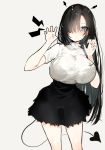  1girl black_bra black_hair blue_eyes blush bra breasts claw_pose hair_over_one_eye heart heart-shaped_pupils highres large_breasts long_hair looking_at_viewer naruwe original see-through skirt solo symbol-shaped_pupils tail underwear very_long_hair white_background 