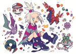  1girl amoonguss artist_name auko bat bike_shorts black_eyes black_footwear boots bra_strap crobat fangs freckles full_body garbodor gen_1_pokemon gen_2_pokemon gen_3_pokemon gen_5_pokemon green_eyes hair_bobbles hair_ornament homika_(pokemon) knees_up koffing long_sleeves multicolored_shirt off_shoulder open_mouth oversized_clothes oversized_shirt poke_ball_symbol pokemon pokemon_(creature) pokemon_(game) pokemon_bw2 red_eyes red_sclera scolipede seviper shirt short_hair signature simple_background sitting skull_and_crossbones sleeves_past_fingers sleeves_past_wrists snake star striped striped_shirt teeth white_background white_hair yellow_sclera 