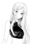  709435445will commentary crop_top facial_mark floating_hair greyscale haruno_sakura head_tilt highres long_hair looking_at_viewer midriff monochrome naruto naruto_(series) parted_lips simple_background sketch sleeveless solo stomach symbol_commentary upper_body very_long_hair white_background 