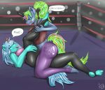 2016 absurd_res anthro blue_eyes blue_hair breasts clothing crowd duo duo_focus equine fan_character female fighting_ring green_hair group hair hi_res horn legwear licking licking_lips looking_at_viewer lying mammal midriff my_little_pony on_back one_eye_closed ponytail raised_leg sixpathoffriendship straddling tight_clothing tights tongue tongue_out unicorn wink wrestling 
