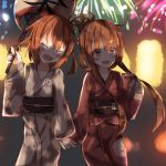 backlighting blush_stickers brown_eyes brown_hair child closed_eyes commentary_request eyebrows_visible_through_hair fang festival fireworks hair_ornament hairclip holding_hands ikazuchi_(kantai_collection) inazuma_(kantai_collection) japanese_clothes kantai_collection kimono long_sleeves multiple_girls p.k.f short_hair smile yukata 