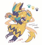  artist_name auko blue_eyes claw_pose claws commentary from_side full_body furry hands_up no_humans paw_print poke_ball_symbol pokemon signature simple_background smile solo standing symbol_commentary white_background zeraora 