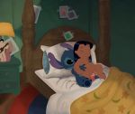  2018 alien anthro bed black_nose breasts brown_eyes disney eri_(artist) experiment_(species) eyes_closed female female_on_anthro fur hi_res human human_on_anthro interspecies lilo_and_stitch lilo_pelekai mammal mouth_closed orgasm sex stitch young 