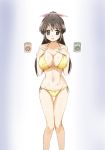  bikini black_eyes black_hair breasts cleavage cup feet_out_of_frame gradient gradient_background kinfuji knees_together large_breasts long_hair looking_at_viewer original ponytail side-tie_bikini solo standing swimsuit thigh_gap white_background yellow_bikini yunomi 