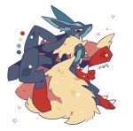  auko full_body furry gen_4_pokemon looking_down lucario mega_lucario mega_pokemon no_humans poke_ball_symbol pokemon pokemon_(creature) red_eyes signature simple_background solo sparkle white_background 