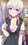  :o bangs black_dress blue_eyes blurry blurry_background blush braid breasts cleavage collared_shirt commentary_request depth_of_field dress dress_shirt grey_hair highres hot indoors kizuna_akari large_breasts long_hair looking_at_viewer no_bra open_mouth paingumi puffy_short_sleeves puffy_sleeves shiny shiny_hair shirt short_sleeves solo sweat twin_braids unbuttoned upper_body very_long_hair vocaloid voiceroid white_shirt wing_collar 