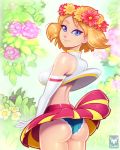  1girl blue_eyes creatures_(company) flower flowers_in_hair foxilumi game_freak looking_at_viewer looking_back nintendo panties pokemon pokemon_(game) pokemon_xy pulling_down revealing_clothes serena_(pokemon) short_hair skirt solo underwear 