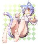  ;q animal_ear_fluff animal_ears bare_legs barefoot blue_hair blush breasts brown_eyes cat_ears cat_tail checkered checkered_background convenient_leg drawstring facial_scar food fruit full_body hair_between_eyes highres holding holding_spoon knees_up lemon lemon_slice licking_lips long_sleeves looking_at_viewer medium_breasts one_eye_closed open_mouth orange_eyes original ryota_tentei scar shaved_ice short_hair shorts sleeves_past_wrists smile soles solo spoon sweatshirt tail toes tongue tongue_out tora_tentei 