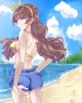  1girl amanogawa_kirara ass back bare_shoulders beach bikini blue_sky brown_hair cloud cloudy_sky earrings go!_princess_precure hair_ribbon hairband jewelry long_hair looking_at_viewer looking_back low-tied_long_hair precure purple_eyes ribbon shorts sky solo swimsuit thighs twintails yellow_bikini yellow_hairband yellow_ribbon 