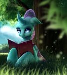  2018 blue_eyes book changeling female foughtdragon01 friendship_is_magic grass horn lying my_little_pony ocellus_(mlp) reading solo tree 