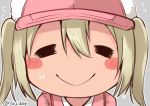  =_= artist_name blonde_hair blush blush_stickers closed_eyes commentary_request doyagao eosinophil_(hataraku_saibou) face fur_hat happy hat hataraku_saibou pink_hat pink_shirt shirt smile smug sou_(soutennkouchi) sweatdrop twintails uniform ushanka 