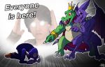  alien anthro boo-rad13y claws crocodilian crown donkey_kong_(series) dragon english_text fangs hat human king_k_rool male mammal mario_bros masahiro_sakurai metroid nintendo pointing reptile ridley scalie super_smash_bros text video_games waluigi wings 