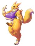  2018 anthro areola balls big_butt black_sclera bottomless breasts butt canine claws clothed clothing dickgirl digimon digimon_(species) erection eyelashes fur half-closed_eyes humanoid_penis intersex looking_at_viewer mammal msvondran muscular muscular_dickgirl muscular_intersex neck_tuft nipple_bulge penis purple_eyes renamon shirt smile smirk solo standing tank_top thick_thighs tight_clothing toe_claws tuft under_boob white_fur yellow_fur 