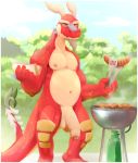  5_fingers barbecue bread cooking dragon facial_hair flaccid food goatee hollo_nut looking_at_viewer male muscular navel nintendo nipples penis sausage scalie sky slightly_chubby solo standing sweat the_legend_of_zelda uncut valoo video_games wind_waker 