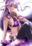  bare_shoulders bb_(fate)_(all) bb_(swimsuit_mooncancer)_(fate) bikini breasts cleavage commentary_request fate/grand_order fate_(series) gyaru lavender_hair long_hair open_mouth purple_bikini purple_ribbon red_eyes ribbon rio_(e2759) sitting solo star swimsuit tan thighhighs very_long_hair white_background 