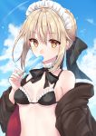  artoria_pendragon_(all) artoria_pendragon_(swimsuit_rider_alter) bangs bare_shoulders bikini black_bikini black_bow black_ribbon blonde_hair blue_sky blush bow braid breasts breasts_apart brown_eyes cloud commentary condensation_trail day eating eyebrows_visible_through_hair fate/grand_order fate_(series) food food_on_breasts frilled_bikini frills hair_bow holding holding_food long_sleeves looking_at_viewer maid_headdress nazuna_shizuku neck_garter neck_ribbon off_shoulder open_clothes outdoors popsicle ribbon shiny shiny_hair short_hair sidelocks sky small_breasts solo string_bikini swimsuit upper_body 