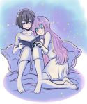  1boy 1girl barefoot bed_sheet black_hair blush book couple darling_in_the_franxx eyebrows_visible_through_hair fringe green_eyes hiro_(darling_in_the_franxx) holding holding_book long_hair long_sleeves nightgown open_book pajamas pillow pink_hair pride-kun short_hair zero_two_(darling_in_the_franxx) 