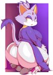  2018 absurd_res amber_eyes anthro big_butt blaze_the_cat breasts butt cat clothed clothing eyelashes eyeshadow feline female hair hi_res huge_butt looking_back makeup mammal purple_hair solo sonic_(series) thick_thighs trinity-fate62 