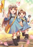  2girls :o absurdres arm_up backwards_hat bag bangs baseball_cap black_footwear blue_dress blunt_bangs blush boots brown_eyes brown_hair character_name character_request checkered child commentary_request dress eyebrows_visible_through_hair flag full_body hair_between_eyes hat hataraku_saibou highres holding holding_flag holding_hands kazeo-yuurin knee_boots light_brown_hair long_hair looking_at_viewer motion_blur multiple_girls open_mouth petals platelet_(hataraku_saibou) rubber_boots running shadow shiny shiny_hair short_hair short_sleeves shorts shorts_under_dress shoulder_bag stone_floor very_long_hair white_hat white_shorts 