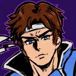  akairiot blue_background blue_eyes brown_hair castlevania castlevania:_rondo_of_blood headband looking_at_viewer male_focus richter_belmondo short_hair simple_background smile solo super_smash_bros. super_smash_bros._ultimate 