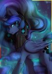  2016 abstract_background absurd_res blue_feathers blue_hair cutie_mark equine eyebrows eyelashes feathered_wings feathers female feral friendship_is_magic frown glare hair hairband hi_res hooves horn jewelry long_hair looking_at_viewer mammal my_little_pony nude portrait princess_luna_(mlp) side_view solo standing teal_eyes watermark winged_unicorn wings yukomaussi 