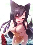 animal_ears blush breasts brown_hair cleavage collarbone embarrassed groin imaizumi_kagerou large_breasts long_hair nude open_mouth red_eyes sivamaron solo sweat tail touhou water wolf_ears wolf_tail 