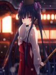  bamboo bangs blurry blurry_background blush bow brown_hat commentary_request covered_mouth depth_of_field eyebrows_visible_through_hair flower_knight_girl hair_between_eyes hair_bow hakama hand_up hat highres holding japanese_clothes kimono long_hair long_sleeves looking_at_viewer miko night outdoors purple_bow purple_hair red_eyes red_hakama short_kimono sidelocks sleeves_past_fingers sleeves_past_wrists snow snowing solo torikabuto_(flower_knight_girl) twintails very_long_hair white_kimono yuku_(kiollion) 