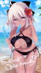  bare_arms bare_shoulders beach bikini black_bikini black_bow blue_sky bow breasts character_name cleavage cleavage_cutout cloud cloudy_sky collarbone commentary_request criss-cross_halter dark_skin day english fate/grand_order fate_(series) flower flower_knot food food_in_mouth hair_bow hair_flower hair_ornament halterneck holding holding_food horizon koha-ace large_breasts leaning_forward long_hair mouth_hold navel ocean okita_souji_(alter)_(fate) okita_souji_(fate)_(all) outdoors popsicle red_flower sand side-tie_bikini silver_hair sky solo standing swimsuit water yuge_(mkmk) 