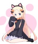  abigail_williams_(fate/grand_order) animal_ears bangs black_bow black_dress black_hat blonde_hair bloomers blue_eyes blush bow bug butterfly cat_ears closed_mouth commentary_request dress eyebrows_visible_through_hair fake_animal_ears fate/grand_order fate_(series) forehead hair_bow hand_up hat head_tilt highres insect kujou_karasuma long_hair long_sleeves looking_at_viewer orange_bow parted_bangs paw_shoes polka_dot polka_dot_bow shoes signature sitting sleeves_past_fingers sleeves_past_wrists solo underwear very_long_hair wariza wavy_mouth white_bloomers 
