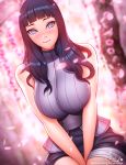  bandaged_leg bandages bangs between_legs black_hair blunt_bangs blurry blurry_background blush breasts cherry_blossoms commentary corset english_commentary hand_between_legs hyuuga_hinata large_breasts long_hair looking_at_viewer naruto naruto_(series) no_pupils older patreon_username petals pink_lady_mage purple_eyes simple_background sleeveless smile solo v_arms 