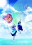  arms_behind_back boots cloud cloudy_sky day dragon_ball dragon_ball_super earrings facing_away floating gowasu highres jewelry long_sleeves male_focus mohawk multiple_boys outdoors planet pointy_ears potara_earrings short_hair sky tetsuyo white_hair zamasu 