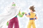  ^_^ black_hair blue_background cape closed_eyes cowboy_shot dougi dragon_ball dragon_ball_z facing_away fist_bump gradient gradient_background happy height_difference male_focus multiple_boys piccolo pointy_ears profile short_hair simple_background smile son_gokuu sorano_midori spiked_hair turban upper_body white_background wristband 