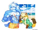  2018 abs anthro beach biceps canine cheong_hwan clothed clothing digital_media_(artwork) fox fur hair hi_res male mammal muscular muscular_male open_shirt outside pecs scar seaside sky summer swimsuit syu wolf wolfmalro 