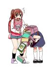  2girls backpack bag bang_dream! black_legwear blue_dress book brown_hair dress dropping full_body grey_eyes grey_hair holding_strap imai_lisa kneehighs leaning_forward mary_janes minato_yukina multiple_girls murata_(igaratara) one_side_up open_backpack picking_up pink_shirt ponytail pouch print_shirt raglan_sleeves randoseru shirt shoes short_shorts shorts sidelocks simple_background sneakers socks wavy_mouth white_background white_legwear younger 