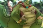  anthro anthro_on_anthro ape barazoku cape claws close-up clothing crocodilian crown donkey_kong_(character) donkey_kong_(series) fangs from_behind_position fur gorilla grope hi_res hug king king_k_rool kremling looking_back male male/male mammal muscular nintendo nude one_eye_closed outside overweight pecs primate red_eyes reptile royalty scalie sex sharp_claws sharp_teeth smile standing steen teeth thick_thighs video_games 