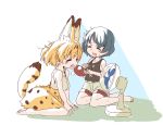  adapted_costume animal_ears bare_legs bare_shoulders barefoot black_hair blonde_hair closed_eyes commentary electric_fan extra_ears eyebrows_visible_through_hair fan fang high-waist_skirt hiyama_yuki kaban_(kemono_friends) kemono_friends multicolored_hair multiple_girls no_gloves no_legwear no_neckwear open_mouth seiza serval_(kemono_friends) serval_ears serval_print serval_tail short_hair sitting skirt sleeveless sweat sweatdrop tail tank_top undershirt wariza 