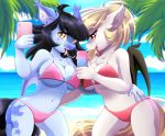  2018 absurd_res airiniblock amber_eyes anthro bat_pony bat_wings beach bikini black_hair blonde_hair breasts cellphone cleavage clothed clothing cloud detailed_background duo equine eyebrows eyelashes fan_character fangs female female/female food hair hi_res holding_food holding_object inner_ear_fluff leaves mammal membranous_wings my_little_pony navel open_mouth open_smile outside palm_tree phone popsicle portrait red_eyes saliva saliva_string sea seaside selfie sky slit_pupils smile standing star suggestive summer swimsuit teeth three-quarter_portrait tongue tongue_out tree water wings 