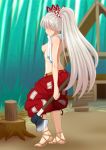  axe baggy_pants bamboo bamboo_forest blurry blurry_background blush breasts commentary_request dimples_of_venus facing_away forest fujiwara_no_mokou full_body highres iromeki_overdrive long_hair medium_breasts nature pants perky_breasts ponytail sandals solo topless touhou towel towel_around_neck tree_stump very_long_hair waraji white_hair 