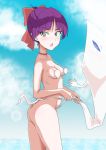  ass bangs beach blue_sky blunt_bangs bow breasts choker commentary_request day fang gegege_no_kitarou ghost hair_bun highres ittan_momen_(gegege_no_kitarou) loincloth looking_at_viewer md5_mismatch minpei_ichigo nekomusume ocean open_mouth purple_hair red_bow shell shell_bikini sky small_breasts solo swimsuit yellow_eyes 