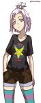  alternate_costume aqua_eyes bangs_pinned_back baphomet black_shirt brown_shorts clothes_writing english hand_in_pocket highres homika_(pokemon) looking_at_viewer pentagram pokemon pokemon_(game) pokemon_bw2 shirt short_hair short_shorts short_sleeves shorts solo soloungatonegro striped striped_legwear t-shirt thighhighs transparent_background unownglyphics v-neck white_hair 