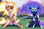  ! 2018 amber_eyes armor blue_eyes daybreaker_(mlp) duo equine female foughtdragon01 friendship_is_magic grass helmet horn mammal my_little_pony nightmare_moon_(mlp) pointing sitting winged_unicorn wings 