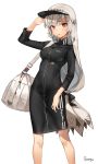  absurdres altera_(fate) alternate_costume arm_up bag bangs black_dress blunt_bangs breasts chungu dark_skin dress duffel_bag eyebrows_visible_through_hair fate/grand_order fate_(series) feet_out_of_frame grey_hair hand_on_headwear heroic_spirit_traveling_outfit high_collar highres long_sleeves looking_at_viewer medium_breasts mouth_hold red_eyes short_hair shoulder_bag signature simple_background solo standing veil visor_cap white_background 