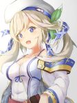  :d bangs bare_shoulders belt beret blonde_hair blue_eyes blue_ribbon blush breasts camisole cleavage collarbone covered_navel cucouroux_(granblue_fantasy) eyebrows_visible_through_hair eyelashes gradient gradient_background granblue_fantasy green_ribbon grey_background hair_ribbon hat jacket long_hair looking_at_viewer medium_breasts off_shoulder open_mouth plaid plaid_ribbon pnt_(ddnu4555) red_belt rei_no_himo ribbon sidelocks simple_background slit_pupils smile solo spaghetti_strap standing swept_bangs twintails upper_body white_beret white_camisole white_jacket 