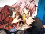  1boy 1girl bangs black_hair black_legwear blue_eyes breasts chest_scar commentary couple darling_in_the_franxx food food_in_mouth girl_on_top green_eyes hair_ornament hairband hamaguri_(nirak1203) hand_on_another&#039;s_head hetero hiro_(darling_in_the_franxx) honey horns long_hair long_sleeves looking_at_another lying military military_uniform mouth_hold necktie on_back oni_horns open_clothes orange_neckwear pantyhose pink_hair red_horns scar straddling toast toast_in_mouth uniform white_hairband zero_two_(darling_in_the_franxx) 