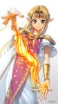  bangs blonde_hair blue_eyes dress earrings elbow_gloves fire forehead_jewel gloves green_eyes highres jewelry long_hair looking_at_viewer magic necklace otton parted_bangs pointy_ears princess princess_zelda short_sleeves sidelocks simple_background smile solo sparkle super_smash_bros. super_smash_bros._ultimate the_legend_of_zelda the_legend_of_zelda:_a_link_between_worlds tiara triforce vambraces 