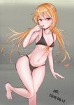  ass_visible_through_thighs barefoot bikini black_bikini blonde_hair blush collarbone dated feet_out_of_frame finger_to_mouth flat_chest gradient gradient_background grey_background kantai_collection logiclr long_hair navel satsuki_(kantai_collection) solo standing standing_on_one_leg swimsuit thigh_gap twintails yellow_eyes 