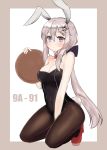  9a-91_(girls_frontline) absurdres animal_ears black_leotard bow bowtie breasts brown_legwear bunny_ears bunny_girl bunny_tail bunnysuit character_name cleavage commentary_request detached_collar finesoda girls_frontline high_heels highres leotard long_hair medium_breasts pantyhose red_footwear red_neckwear solo squatting strapless strapless_leotard tail tray very_long_hair wrist_cuffs 