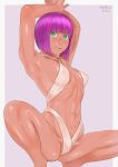  abs armpits arms_up ass_visible_through_thighs bikini breasts cameltoe cleavage commentary_request covered_nipples dark_skin green_eyes highres looking_at_viewer medium_breasts menat navel parted_lips pose purple_hair short_hair simple_background solo squatting stomach street_fighter street_fighter_v swimsuit toned white_bikini zenkou 